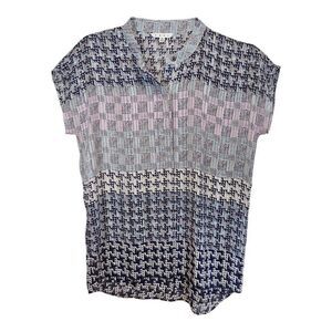 Cabi Manderin Colar Blue & Purple Short Sleeve Crinkle Blouse Size M